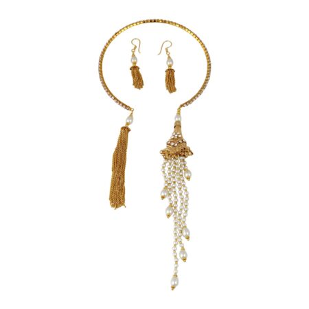 Yellow Gold Open Tassel Choker Necklace with Earrings for Girls and Women