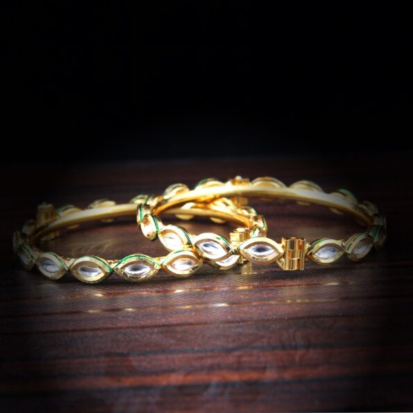 Gold Plated marquise shape Kundan Meena 2pc Bangles For Women.