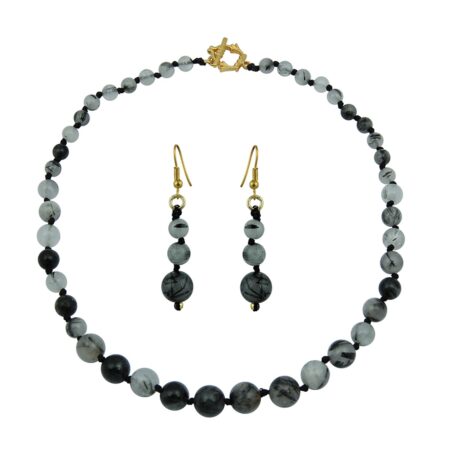 Pearlz Ocean Bio Color Black Rutilated Quartz Gemstone Beads Necklace Set