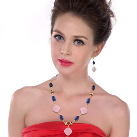 Pearlz Gallery Fascinating Rice And Diamond Shaped Dyed Lapis Lazuli And Rose Quartz Necklace Set For Women