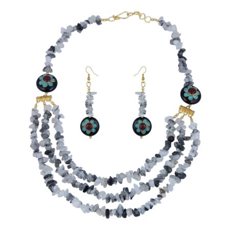 Pearlz Gallery Adventurous Chips And Coin Shaped Rutilated Quartz And Black Agate Necklace Set For Women