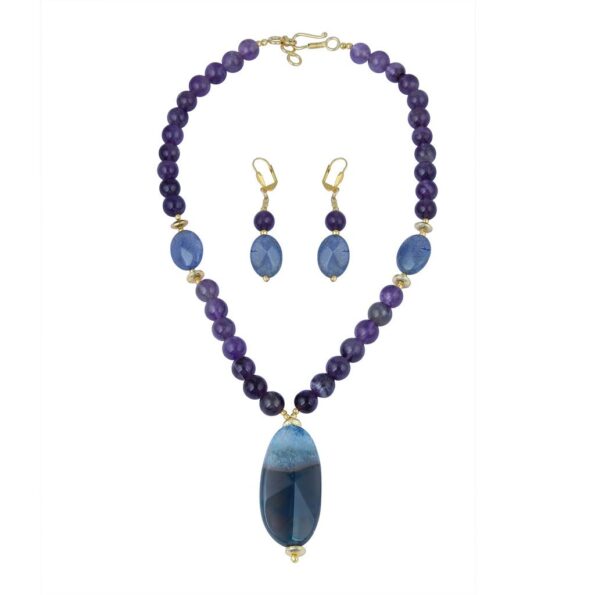 Pearlz Gallery Dazzling Faceted Oval And Round Shaped Poppy Agate And Amethyst And Crystal Agate Necklace Set For Women