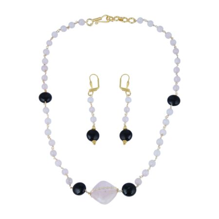 Pearlz Gallery Lovely Faceted Round And Coin And Diamond Shaped Rose Quartz And Black Agate Necklace Set For Women