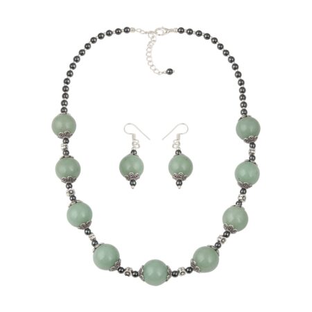 Pearl Gallery Round Shape Green Aventurine And Hematite Stone Classical Necklace Set With Admirable Earring