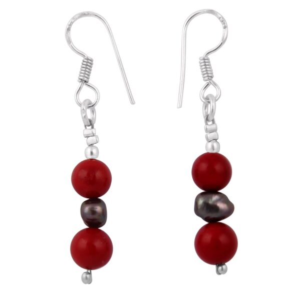 Pearlz Gallery  2.5 Inch Red Coral & Dyed Black Fresh Water Pearl Earrings