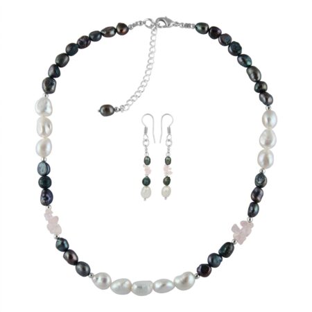Pearlz Gallery Rose Quartz Chips and Fresh Water Pearl Necklace Set.