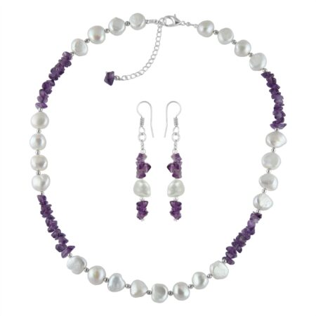 Amethyst Chips and White Freshwater Pearl Necklace Set.