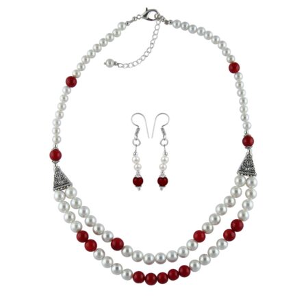 Shell Pearl And Dyed Red Coral Necklace Set.