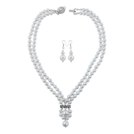 Two Strands White Shell Pearl Necklace Set.