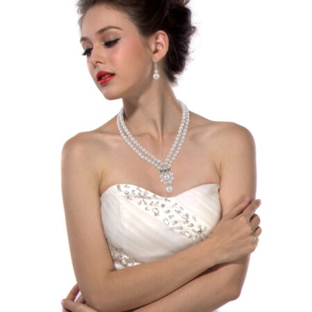 Two Strands White Shell Pearl Necklace Set.