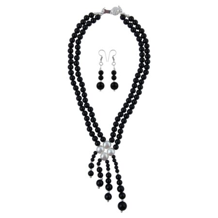 Black Onyx And White Fresh Water Pearl Necklace Set.