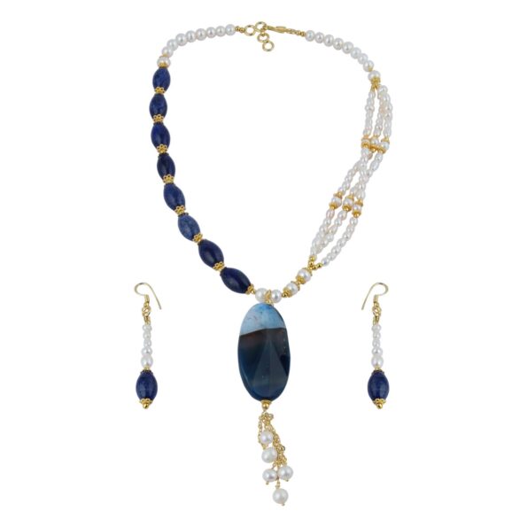 Freshwater Pearl,  Banded Agate and Dyed Lapis Lazuli Three Strands Necklace Set for Women.