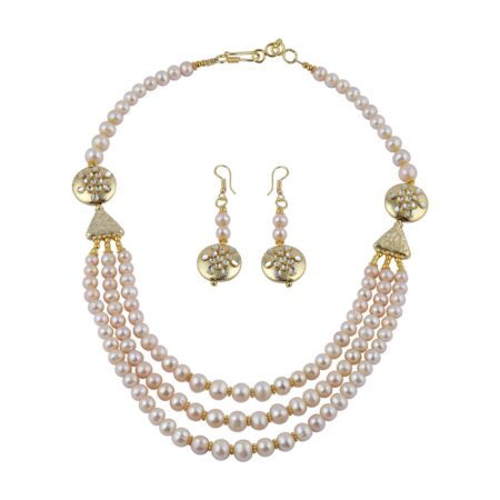 Orange Freshwater Pearl Three Strands Necklace Set for Women.