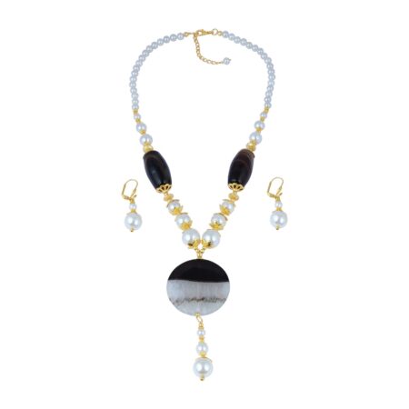 Pearl Necklace Set Gracefully Designed Of Taiwan Shell Pearl, Black Banded Agate And Crystal Agate In Round, Faceted Coin And Drum Shape With Tantalizing Earrings