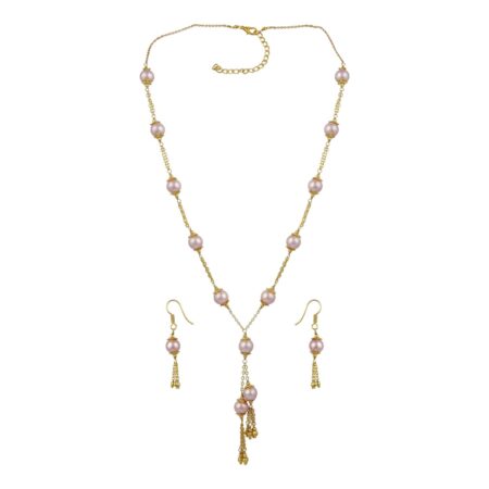 Pearl Necklace Set Designed Pink Stoned Necklace In Round Shape With Angelic Earring