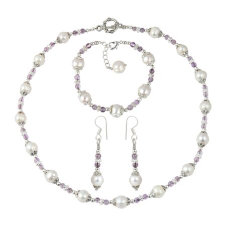 Pearlz Gallery Enthrall White Cultured Freshwater Pearl Amethyst Brazilian Necklace Earrings and Bracelet Trendy Jewelry Set for Women
