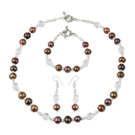 Pearlz Gallery Enticing Dyed Chocolate Cultured Freshwater Pearl White Crystal Necklace Earrings and Bracelet Trendy Jewelry Set for Women