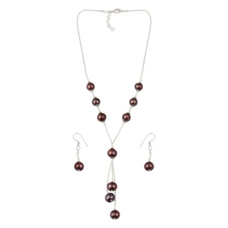 Pearl Necklace Set Formed By Dyed Chocolate Freshwater Pearl In Roundish Shape With Lobster Claw Clasp And Resplendent Earring