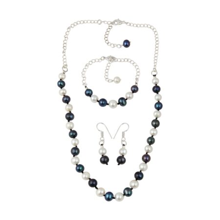 Necklace Set with Charming Roundish Shape with Freshwater Pearl and Dyed Blueish Black Pearl.