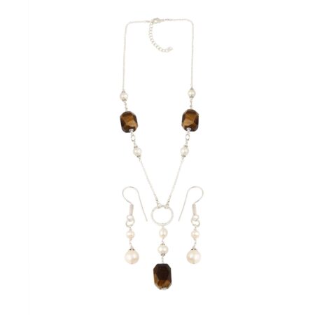 Faceted Yellow Tiger Eye and White Freshwater Pearl Necklace Set in Assorted Shapes of Pearls