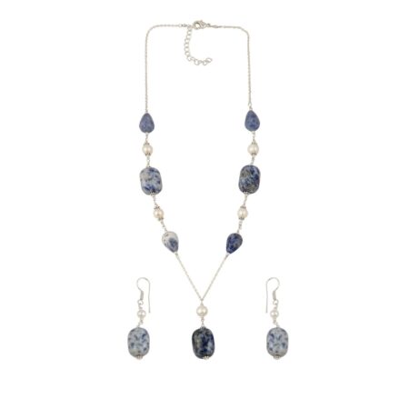 Sodalite in Nugget and Drop shapes with Pendant and White Freshwater Pearl Necklace Set