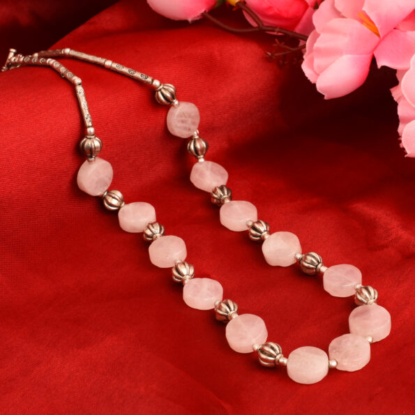 Pearlz Gallery Silver Rose Quartz Gemstone Beads Necklace