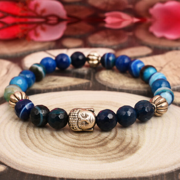 Pearlz Gallery Dyed Blue Banded Agate Gemstone Beads Bracelet for Women