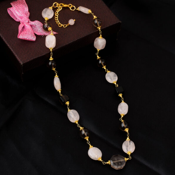 Pearlz Gallery Attractive Round, Faceted Round, Tumble Shaped Smoky Quartz, Rose Quartz Beads Necklace For Women