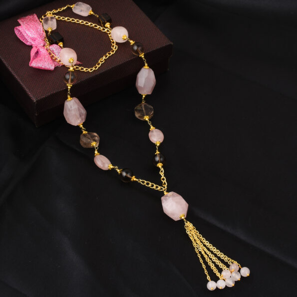 Pearlz Gallery Faceted Coin, Faceted Round Shaped Smoky Quartz, Rose Quartz Gem Stone Beads Necklace For Women