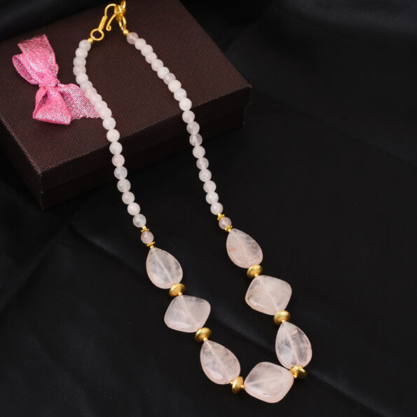 Pearlz Gallery Stimulating Faceted Pear, Faceted Round, Diamond Shaped Rose Quartz Gemstone Beads Necklace For Women