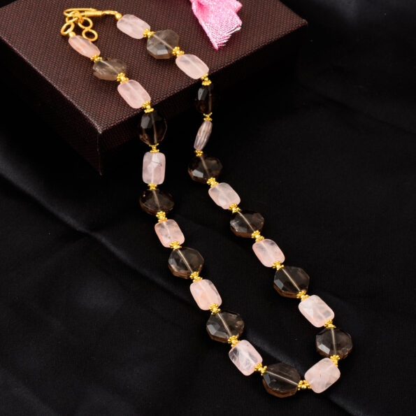 Pearlz Gallery Tempting Faceted Octagon, Faceted Rectangle Shaped Smoky Quartz, Rose Quartz Gem Stone Beads Necklace For Women