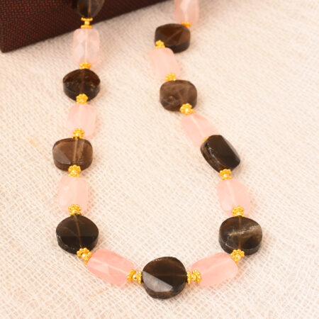 Pearlz Gallery Appealing Faceted Coin, Faceted Rectangle Shaped Smoky Quartz, Rose Quartz Gem Stone Beads Necklace For Women