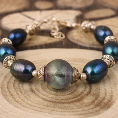 Pearlz Gallery Eero Multi Fluorite Gemstone Bead & Dyed Blue Freshwater Pearl 7.5 Inches Bracelet