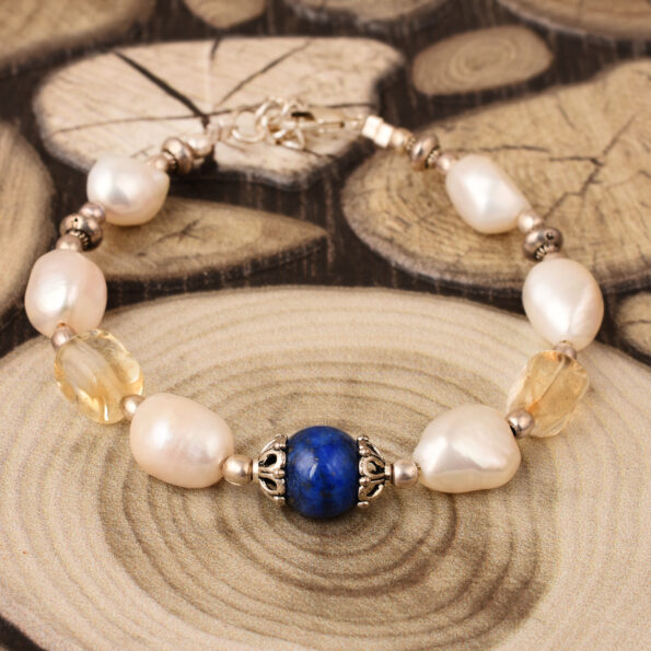Pearlz Gallery Wink Of Blue 7.5 Inches Freshwater Pearl, Citrine & Lapis Lazuli Gemstone Beads 7.5 Inches Bracelet