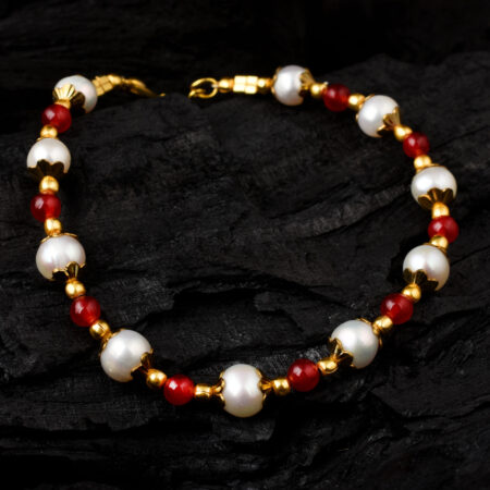 Pearlz Gallery White Freshwater Pearl And Red Jade 7 inches Bracelet with Extension
