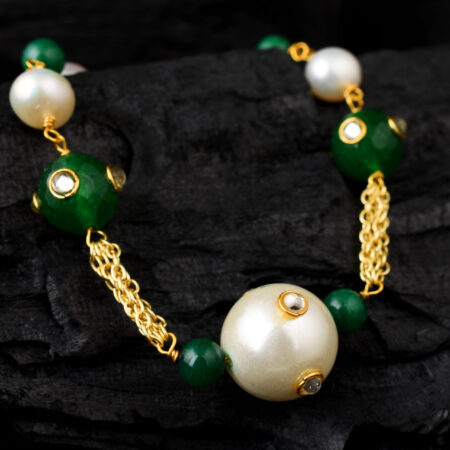 Pearlz Gallery White Freshwater Pearl, Shell Pearl And Green Jade 7 inches Bracelet with Extension