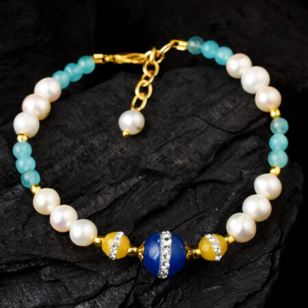 Pearlz Gallery White Freshwater Pearl, Blue, Yellow And Sky Blue Jade Bracelet with Extension