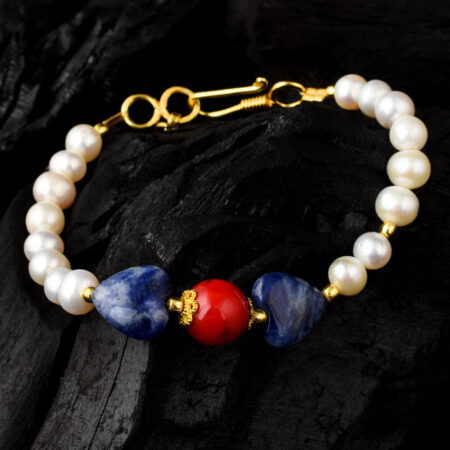 Pearlz Gallery White Freshwater Pearl, Dyed Coral And Sodalite 7 Inches Bracelet for Women & Girls