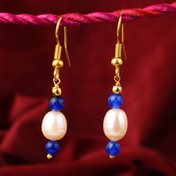 Pearlz Gallery Blue Jade And Freshwater Pearl 2.5 Inches Earrings With Hooks