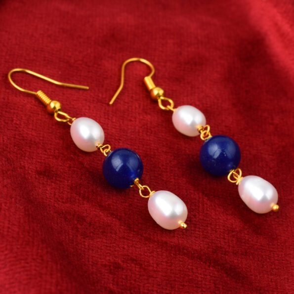 Pearlz Gallery White Freshwater Pearl And Blue Jade 2.5 Inches Earrings