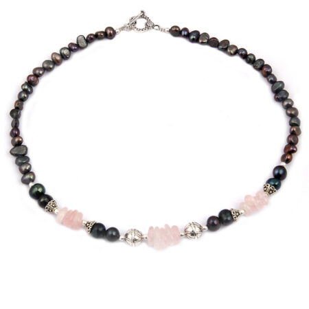 Pearlz Gallery Rosette Dyed Fresh Water Pearl & Rose Quartz Gemstone Beads 18 Inches Necklace
