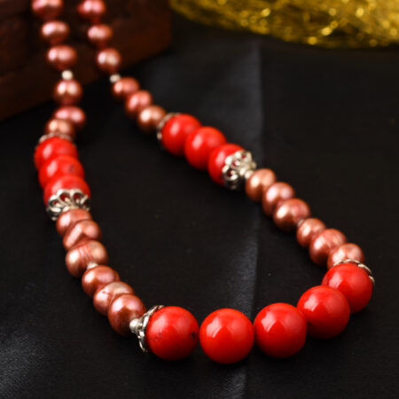 Pearlz Gallery Red Moon Dyed Freshwater Pearl & Red Coral Beads 18 Inch Necklace
