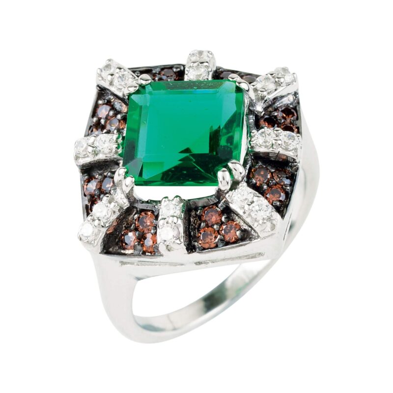 Cubic Zirconia Radiant Green Hydro with Brown and White Ring