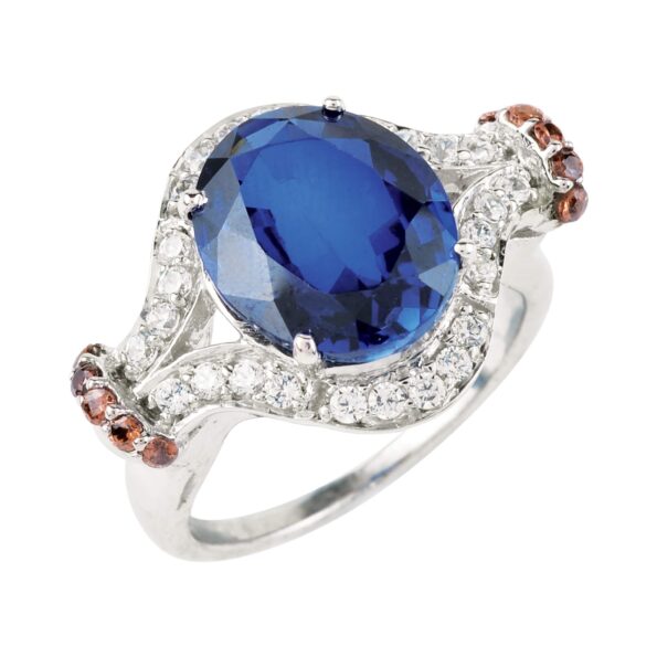 Sterling Silver Cubic Zirconia Blue Sapphire Hydro Oval Cut with Brown Stone Ring for Women