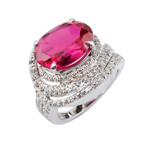 925 Sterling Silver Ruby Color Hydro Cocktail Cubic Zirconia Ring for Women