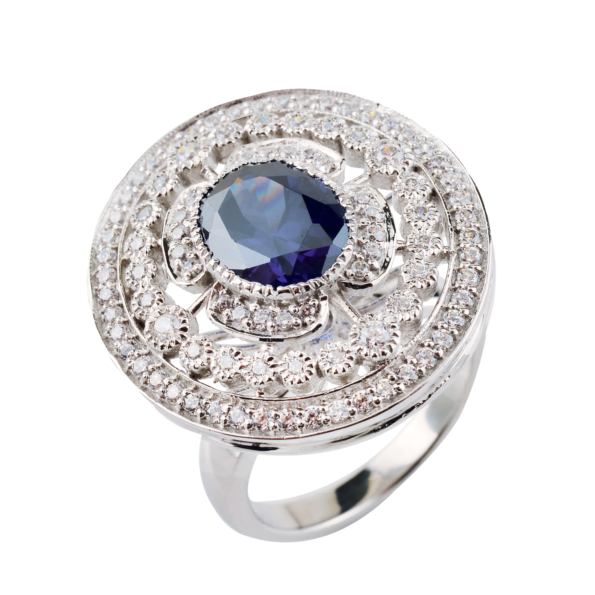 White Gold Cubic Zirconia and Blue Hydro Circular Ring