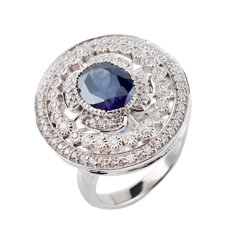 White Gold Cubic Zirconia and Blue Hydro Circular Ring