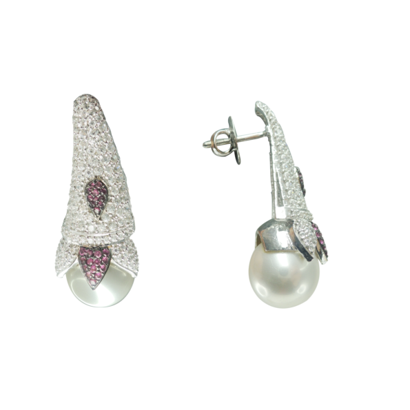 Elegant Sterling Silver Dangling Earrings with White and Pink Pearls & Cubic Zirconia for Women