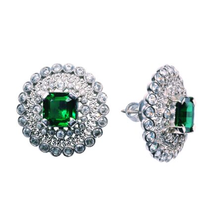 Silver Green Hydro Cubic Zirconia Floral Shape Earrings for Women