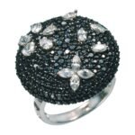 Sterling Silver Black Floral Cluster Cocktail Cubic Zirconia Ring for Women